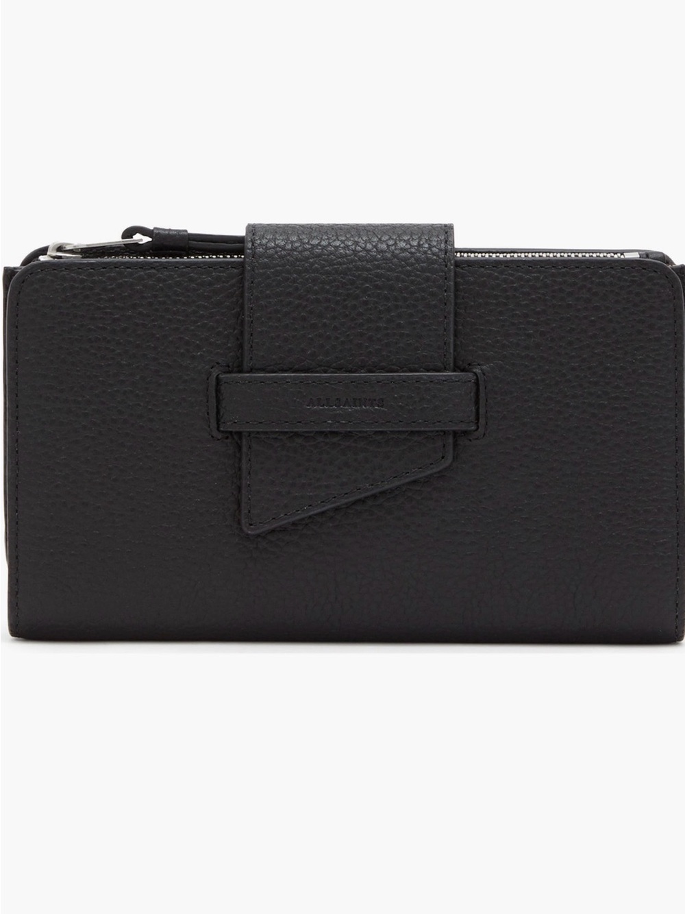AllSaints Black Pebbled Leather Ray Continental Wallet Slide Through Tab Closure